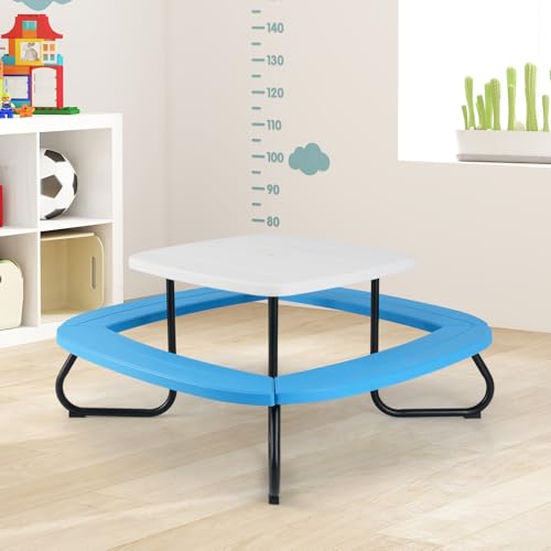 KOTEK 8-Person Kids Picnic Table, Toddler Activity Table with Removable Umbrella, 4 Built-in Benches, HDPE Top & Metal Frame, Kids Outdoor Table for Patio Garden Backyard (Blue+Red)