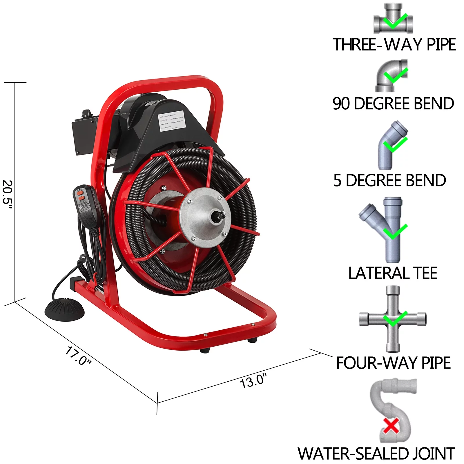 VEVOR Drain Cleaner Machine 75ft x 1/2 in, Drain Cleaning Machines 370W Drain Auger for 1" to 4" Pipes Electric Drain Snake Drill