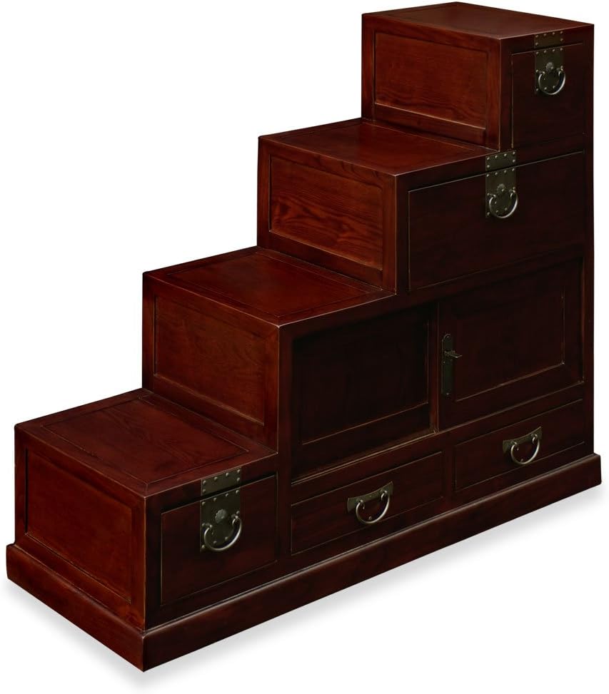 ChinaFurnitureOnline Hand Crafted japanese Style Elmwood Petite Step Tansu Chest - Dark Cherry