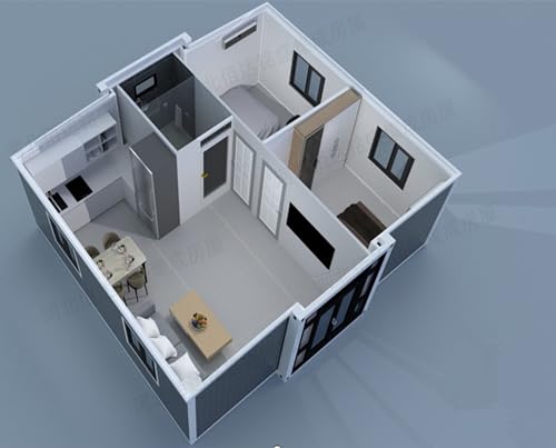 Portable Prefabricated Tiny House 20X20ft, Mobile Expandable House, Outdoor Storage, Modern Study Steel Storage House with Restroom, Kitchen, Cabinet, Sink, Outlets & Free Electric Water Heater