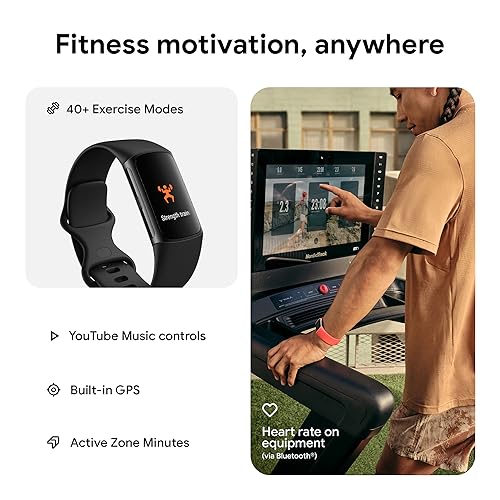 Fitbit Charge 6 Fitness Tracker with Google apps, Heart Rate on Exercise Equipment, 6-Months Premium Membership Included, GPS, Health Tools and More, Gold/Coral, One Size (S & L Bands Included)