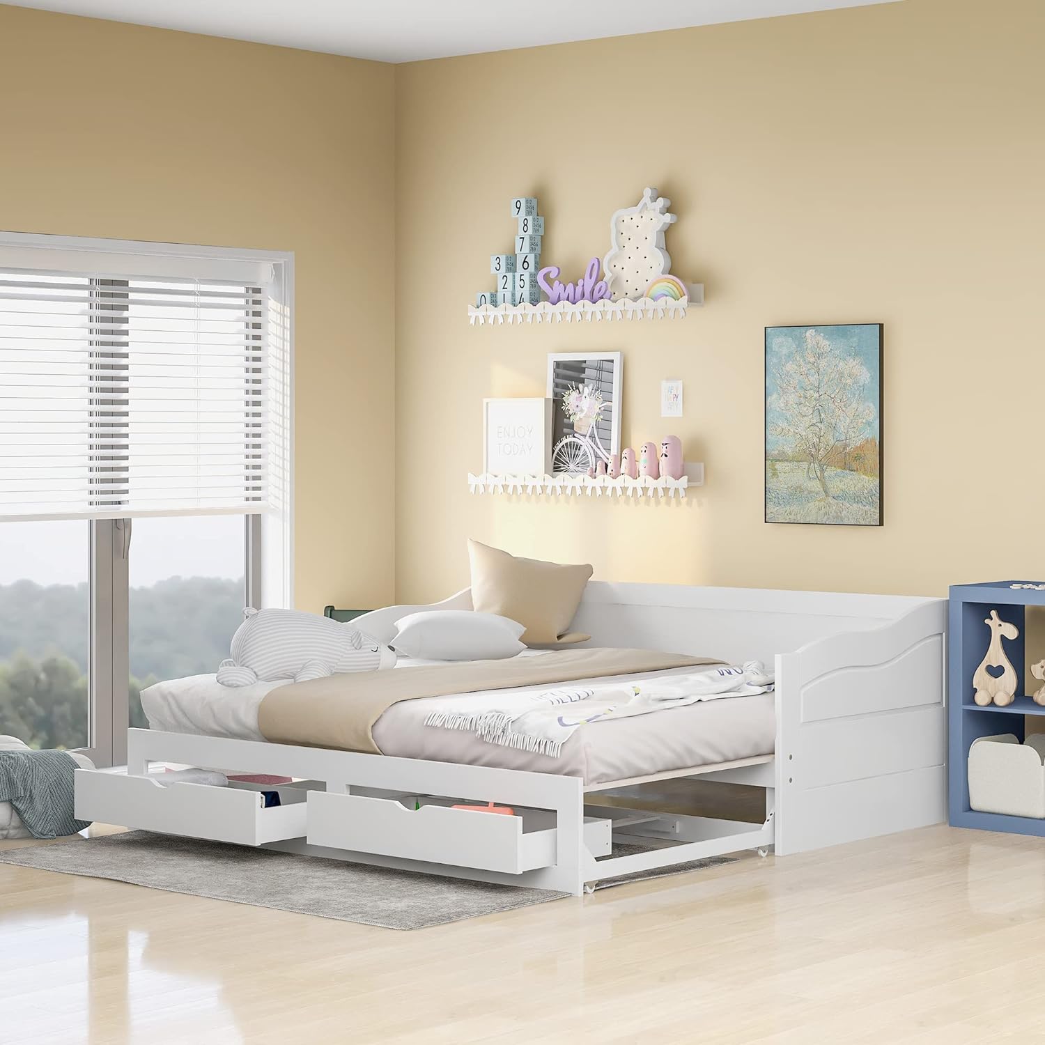 To King Daybed With Storage Drawers, Wood Extendable Daybed With Trundle, Kids Sofa Bed Frame For Bedroom Living Room, No Box Spring Needed ( To King, White)