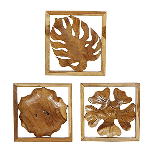 Deco 79 Teak Wood Abstract Handmade Home Wall Decor Live Edge Wood Slab Wall Sculpture, Set of 6 Wall Art 14" W, 16" H, Brown