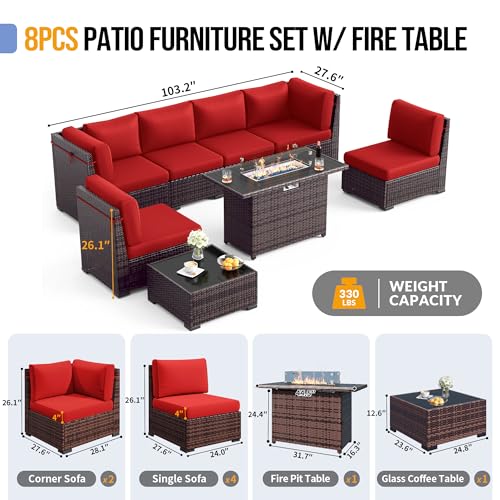 Outdoor Patio Furniture Set with 44" Fire Pit Table 8 Pieces Rattan Patio Sectional Sofa Conversation Set w/55000 BTU Propane Gas Fire Pit, Coffee Table, 2 Waterproof Covers, Grey