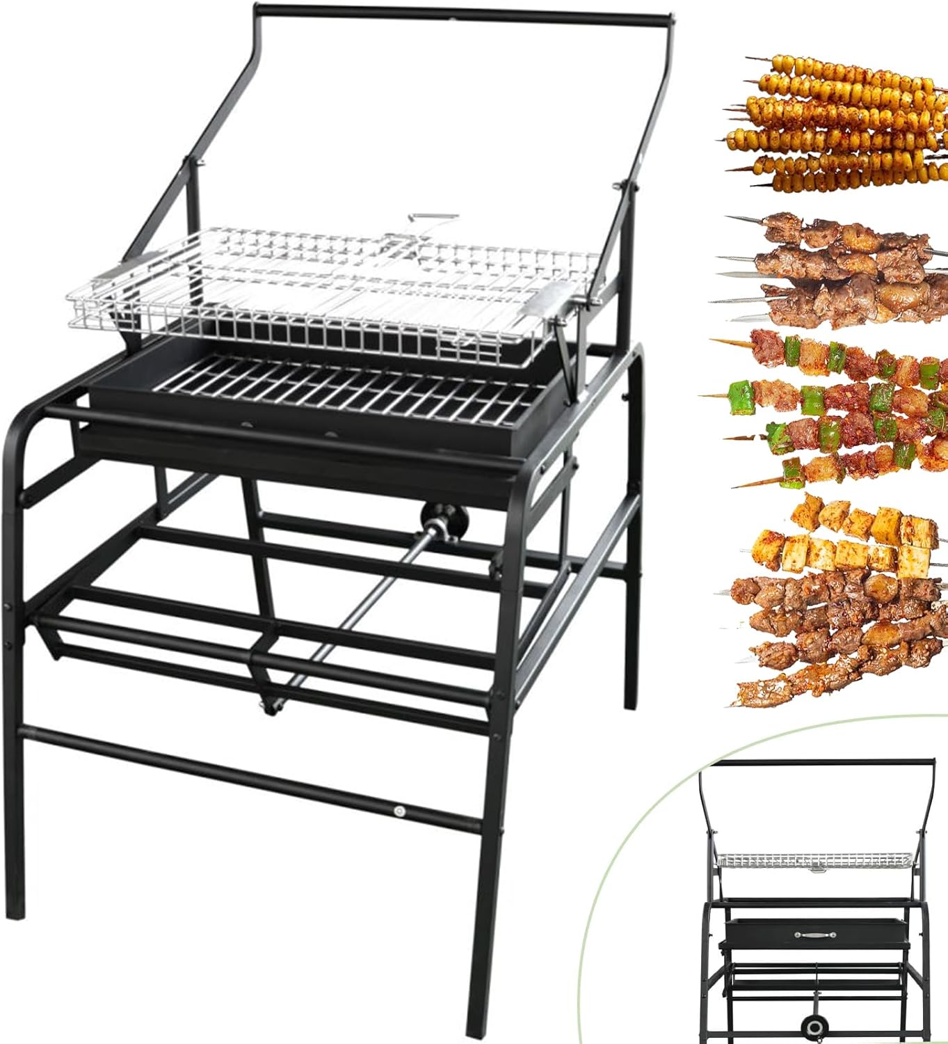 360° Rotating Charcoal Grills, BBQ Grill Portable Smoker Grill, Stainless Steel Rotisserie Grill for Camping Picnics Garden Beach Party, Charcoal Grill for Picnic and Camping