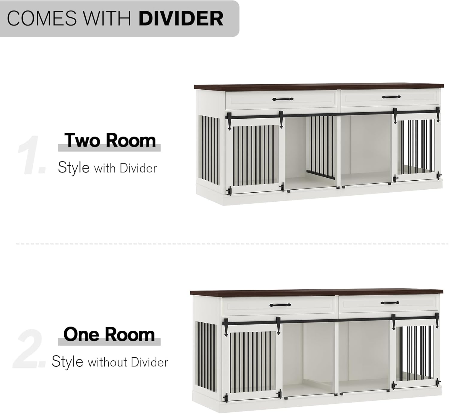 Dog Crate Furniture - Farmhouse Indoor Wooden Dog Kennel with Sliding Barn Doors, Room Divider and 2 Drawer, 72”L x 23.6”W x 31.5”H, White