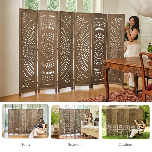 Room Divider Wood Carved Wall Divider Indoor Folding Bohemian Style Portable Partition Screen for Home Office Garden Terrace - 6 Panels (Antique, White-Washed)