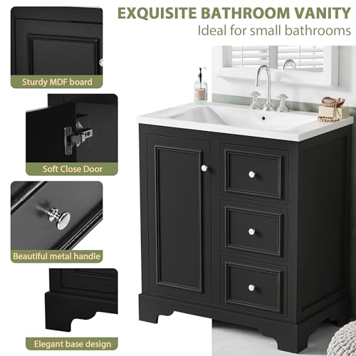 30" Modern Bathroom Vanity with Sink Combo Set, Solid Wood Frame Bathroom Storage Cabinet with 3 Drawers and a Soft Closing Door, Green
