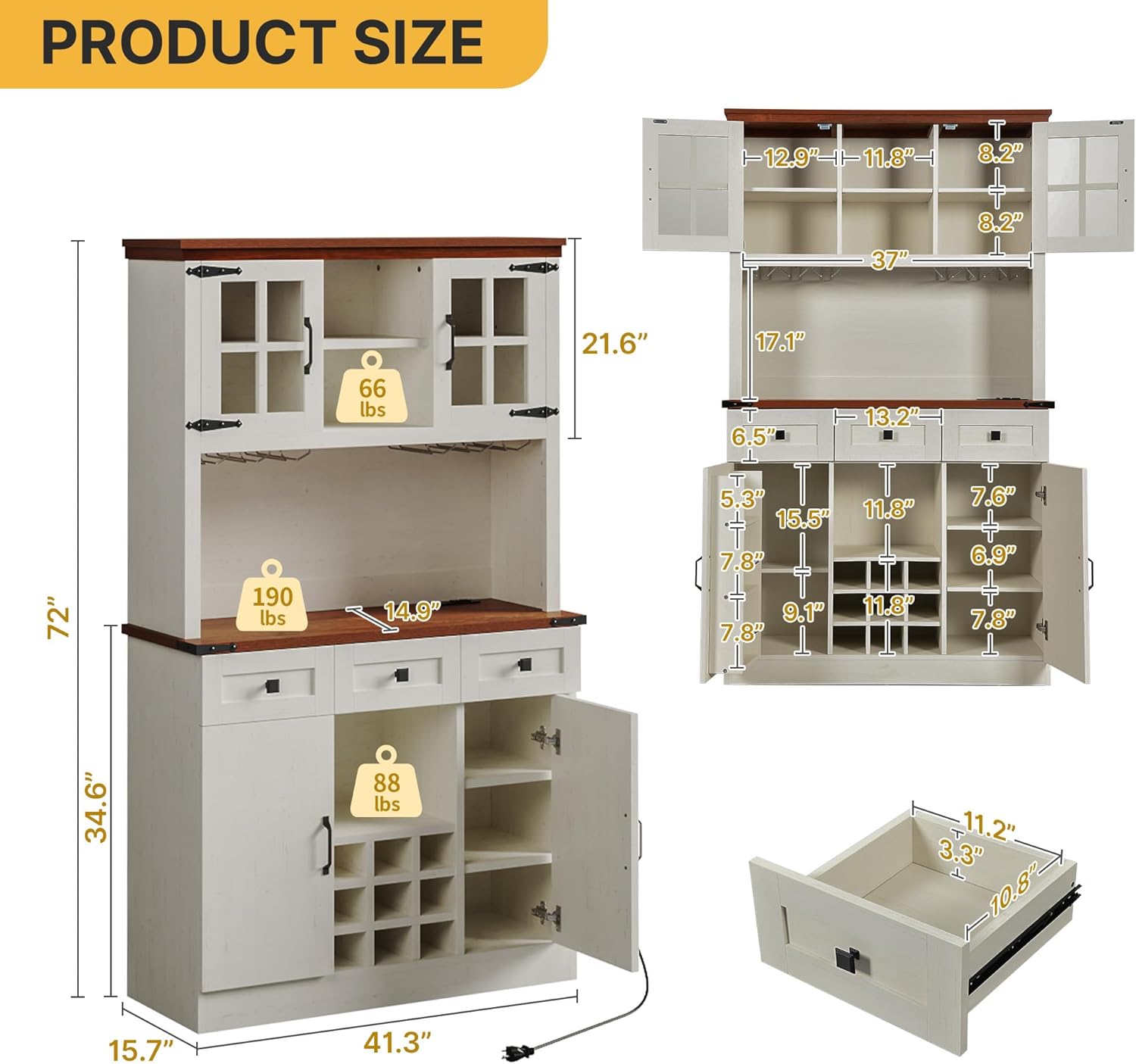 DWVO Farmhouse Kitchen Pantry Cabinet with Power Outlet, 72 Inch Buffet Cabinet with Storage Shelves and 3 Drawers, Pantry Cupboard for Kitchen, Living Room and Dining Room, Antique White