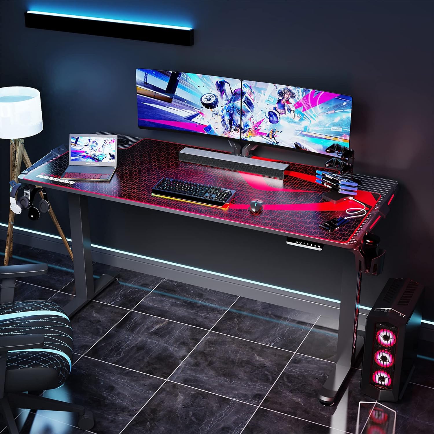 EUREKA ERGONOMIC 65 inch Electric Height Adjustable Standing Desk,Large Gaming Computer Desk with RGB LED Lights,Free Large Extended Gaming Desk mat for Gaming and Home Office,Black
