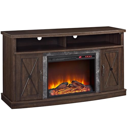 Ameriwood Home Barrow Creek Fireplace TV Stand for TVs up to 60 Inch, Replaceable Electric Fireplace Insert Heater, Remote Control, Timer, Realistic Log and Flame Effect, Espresso