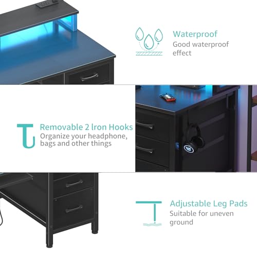 Lufeiya Computer Desk with File Drawers Cabinet, 47 Inch Home Office Desks with Keyboard Tray, Gaming Desk with LED Lights and Power Outlets, Writing Table PC Desks with Monitor Stand, Rustic Brown