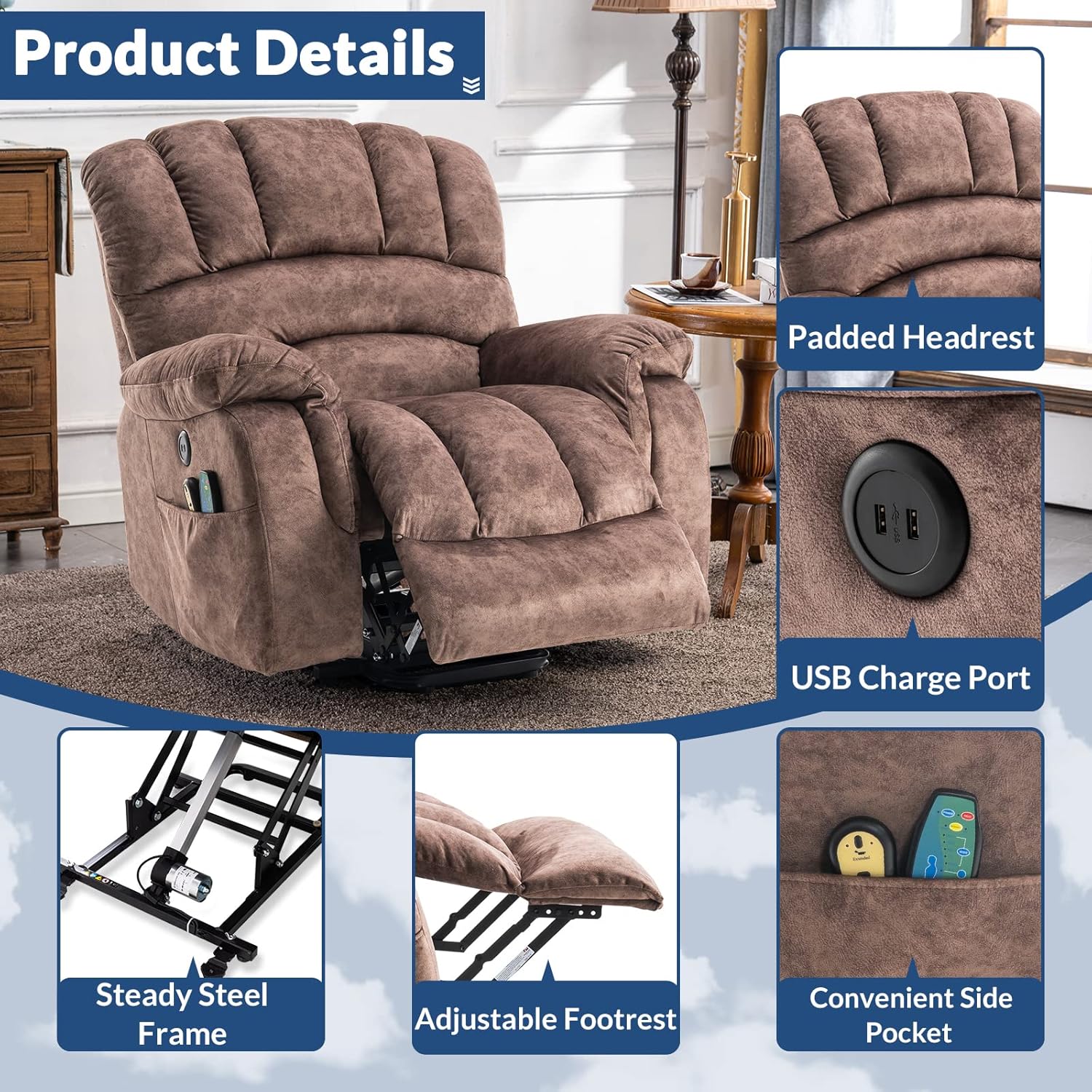 Large Electric Power Lift Recliner Chair for Elderly Big People, Heated Massage Motorized Reclining Sofa, Wide Soft Fabric Recliners with 2 Remote Controls, Side Pockets & USB Ports, Brown