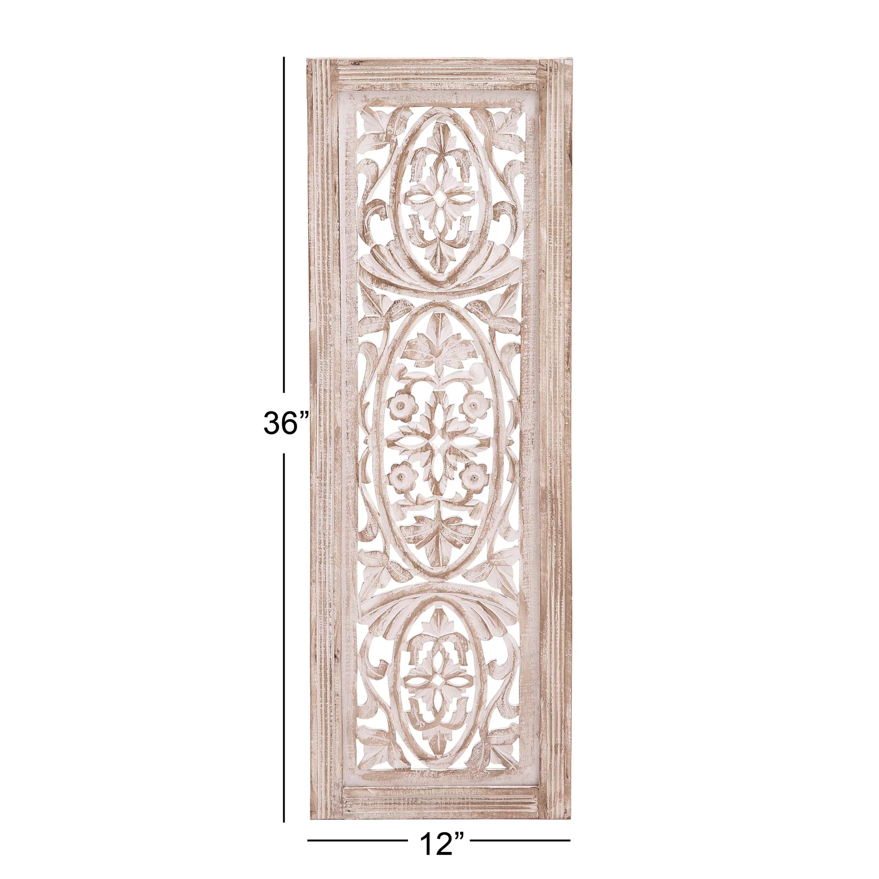 DecMode Neutral Cream/Distressed Wood Traditional Mango Carved Wood Leaves Wall Decor, 12"L x 36"H, 1-Piece