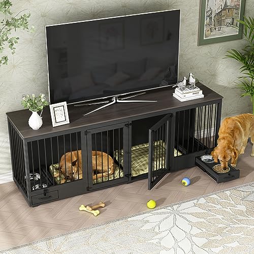 Furniture Style Large Dog Crate for 2 Dogs, 86.6" Heavy Duty Wooden Dog Kennel with Dog Bowl Drawers & Divider, Indoor Furniture Style Dog Kennel for Large Medium Dogs, Black