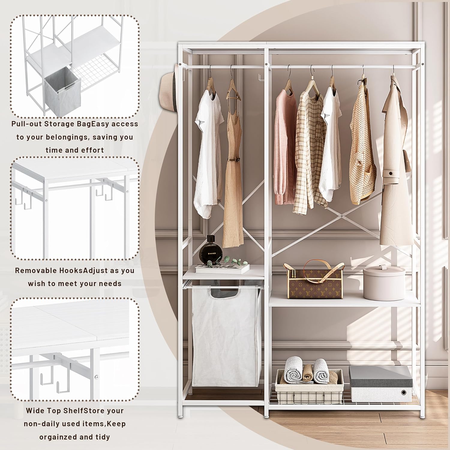 Portable Wardrobe Closet, 47.2" L x 15.8" W x 72.1" H, Multi-Functional Clothes Rack, 42.8 lbs