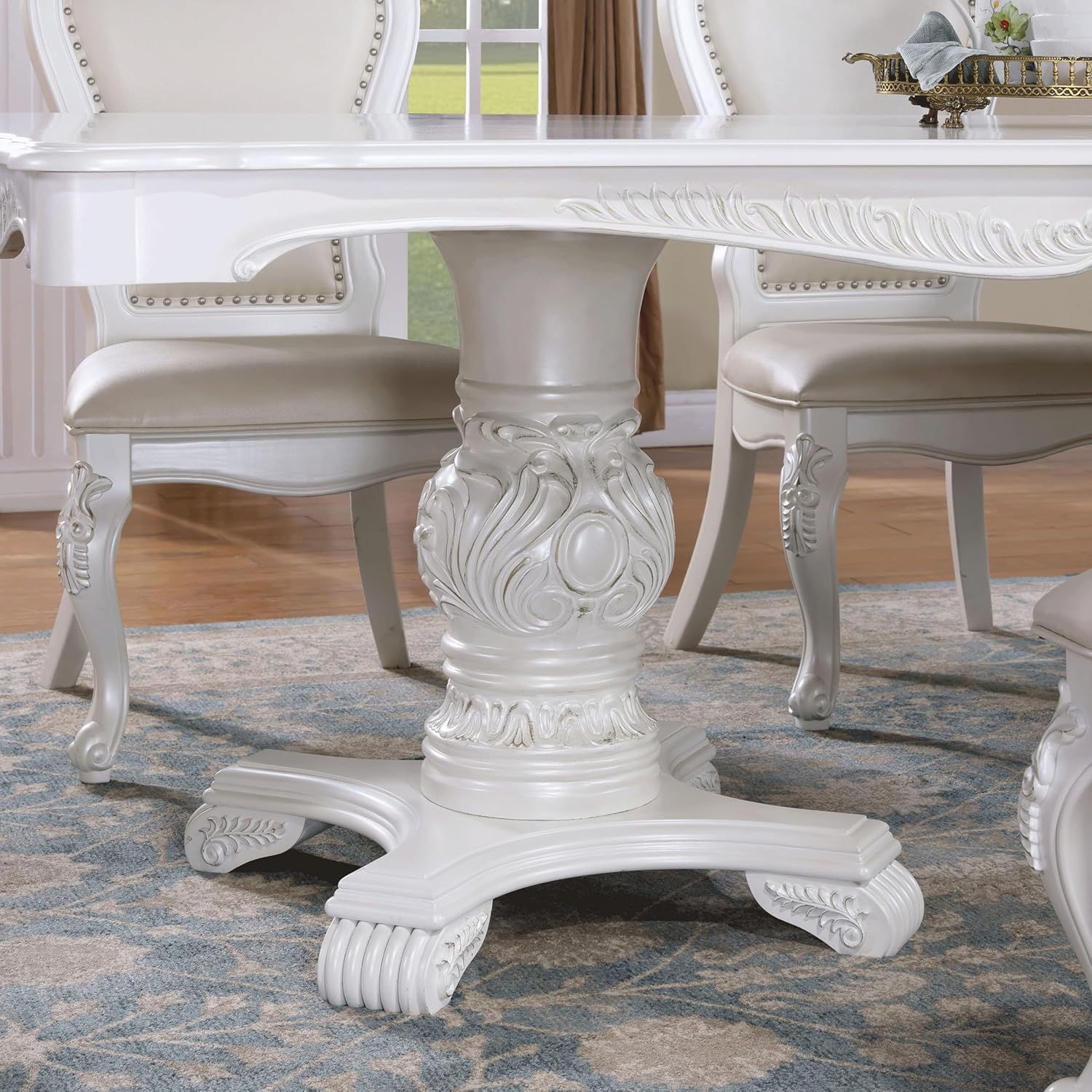 Furniture of America Adair Traditional Solid Wood 7-Piece Dining Set with Double Pedestal Expandable Table and 6 Leather Padded Side Chairs for Home, Kitchen, Living Room, White