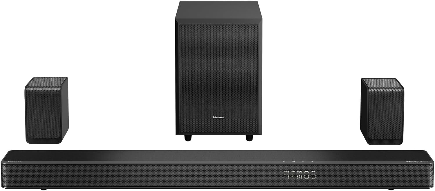 Hisense AX5120G 5.1.2Ch Sound Bar with Wireless Subwoofer, 420W, Dolby Atmos, Bluetooth 5.3, EzPlay, 4K HDMI Pass Through, Roku TV Ready, DTS: X, HDMI/AUX/ARC/Optical/USB, 7 EQ Modes