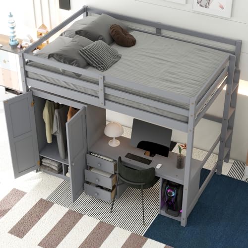 Wooden Full Size Loft Bed with Wardrobe, Desk and Storage Drawers,for Kids Teens Adults Bedroom Use (White@Drawers, Full)
