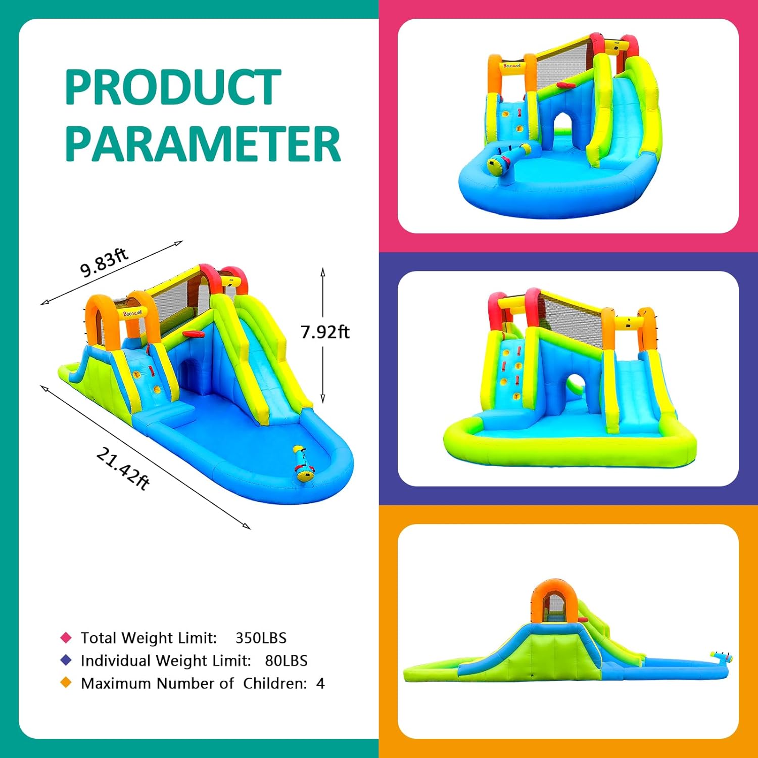 Inflatable Water Slide with Air Blower, Water Park for Kids Backyard, Blow Up Water Slide with 2 Slide, 2 Climbing Wall, Basketball Hoop, Water Cannon and Splash Pool