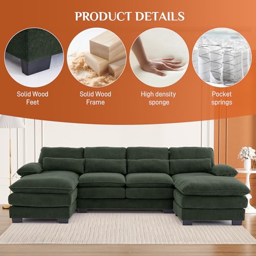 U Shaped Sectional Sofa Cloud Couch for Living Room, 114" Oversized Comfy Chenille Modular Deep Seat Sofa, Modern Large Fluffy 4-Seat Sofa with Lounge Chaise Pillows, Black