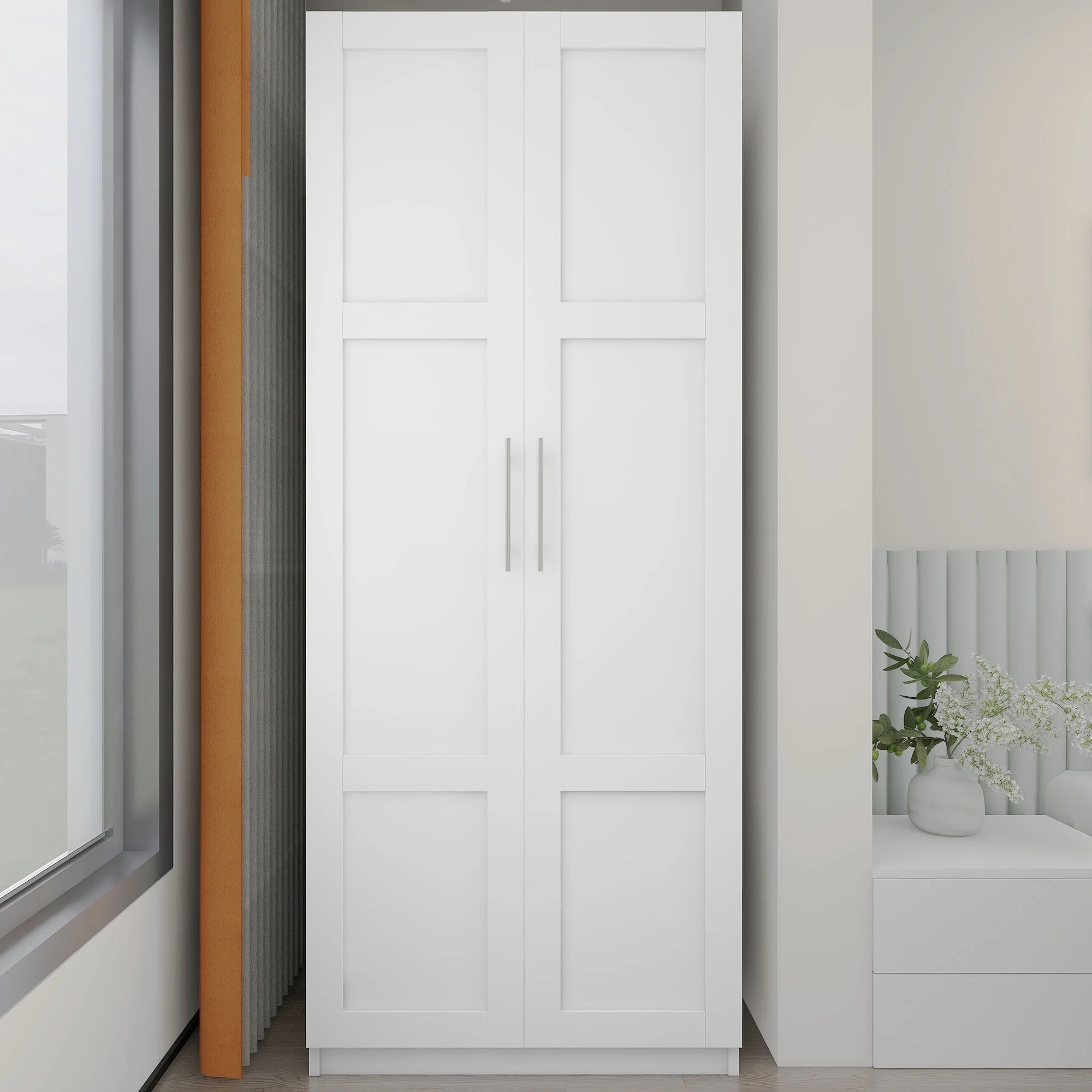 HIUU White Armoire Wardrobe 31 inches,Modern Tall Storage Cabinet for Living Room,Wood Pantry Storage Cabinet with Doors