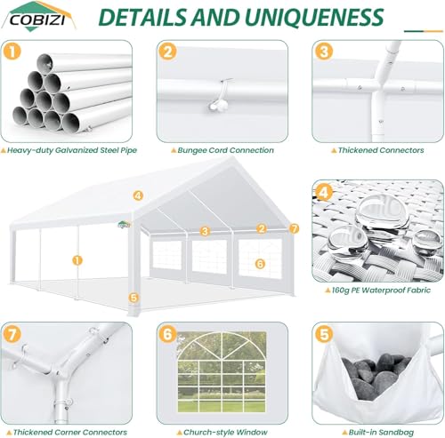 COBIZI 20x40 Party Tent Heavy Duty, Galvanized Wedding Tent, Event Shelter for Parties, Outdoor with Removable Sidewall & Built-in Sandbag, Carpas para Fiestas, Large Canopy, Waterproof, White