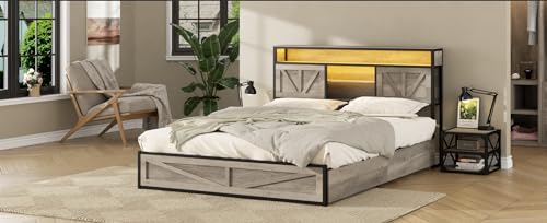 Queen Size Bed Frame with Charging Station, Queen Bed Frame with 4 Drawers LED Light, Farmhouse Platform Bed with Headboard Storage 3 Layer Shelves, Wash Grey