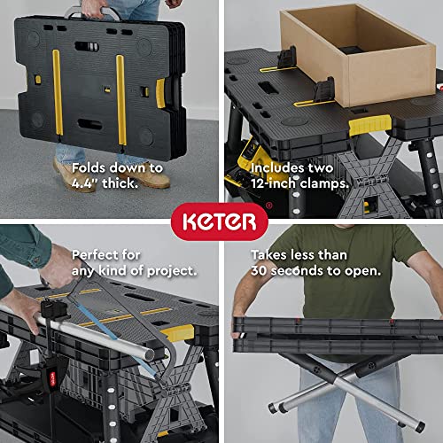Keter Folding Work Table, Portable Workbench w/ 12" Clamps for Garage/Wood Shop