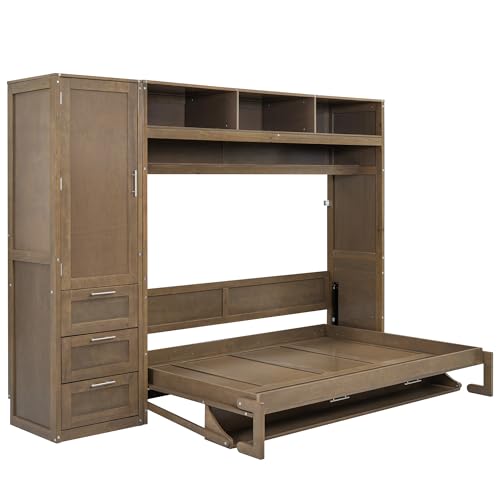 Modern Full Size Murphy Bed with Wardrobe,Storage Drawers and Open Shelves,Solid Wood Wall Bed Frame for Bedroom Guest Room Home Office Study,Easy Assembly (Antique Grey, Full)