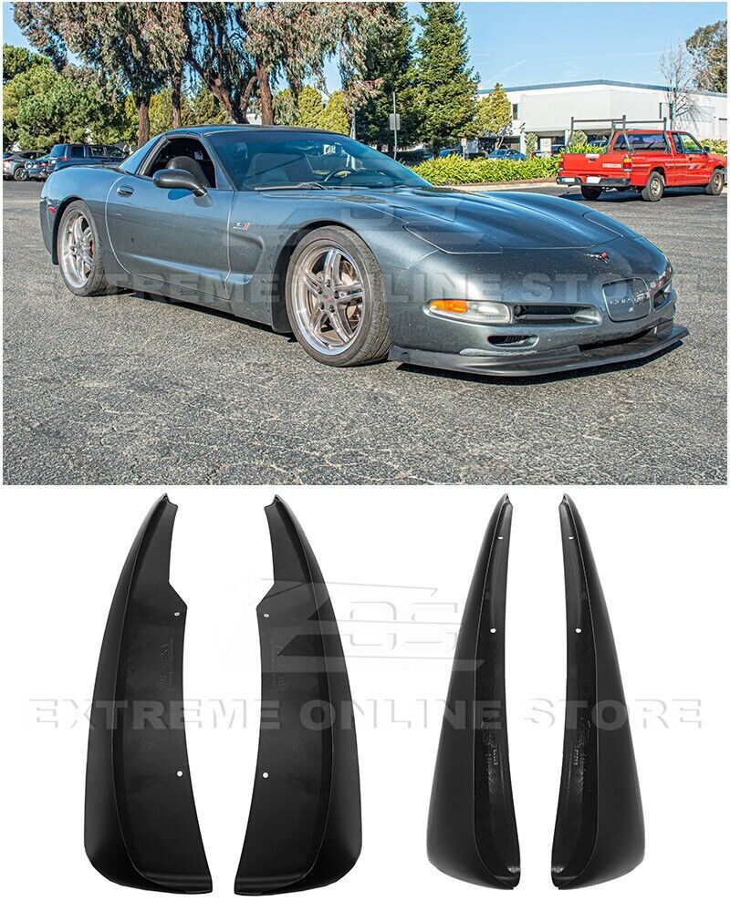 Replacement For 1997-2004 Chevrolet Corvette C5 ALL Models | GM Factory XL Extended Style Front & Rear Side Splash Guards Mud Flap Pair ( ABS Plastic - Matte Black )
