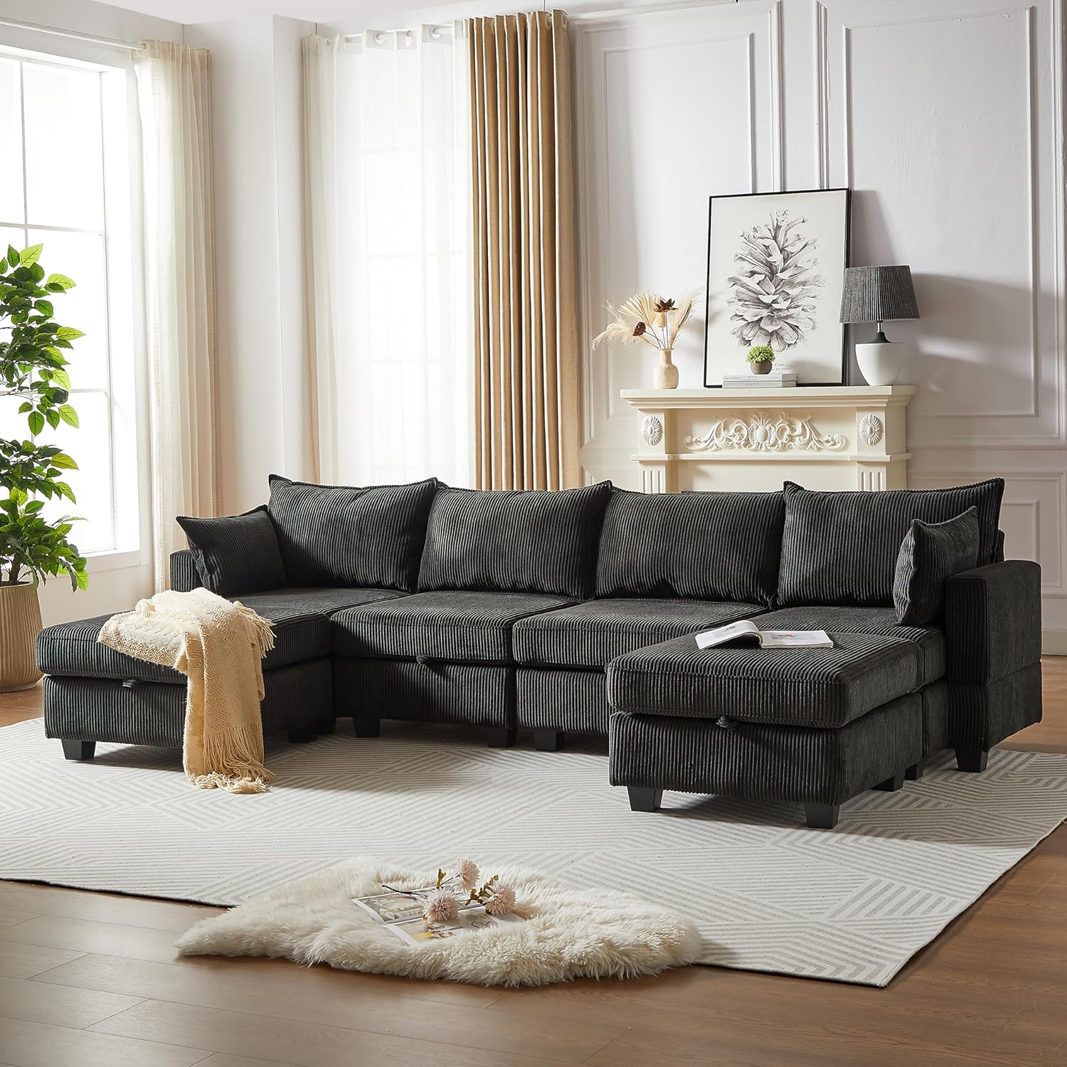 JUSTONE 113.5'' Modular Sectional Sofa with Storage, U Shaped Convertable Sectional Couch with Wide Chaise, Deep Seat Modular Sectional Sofa with Ottoman, Corduroy,Black
