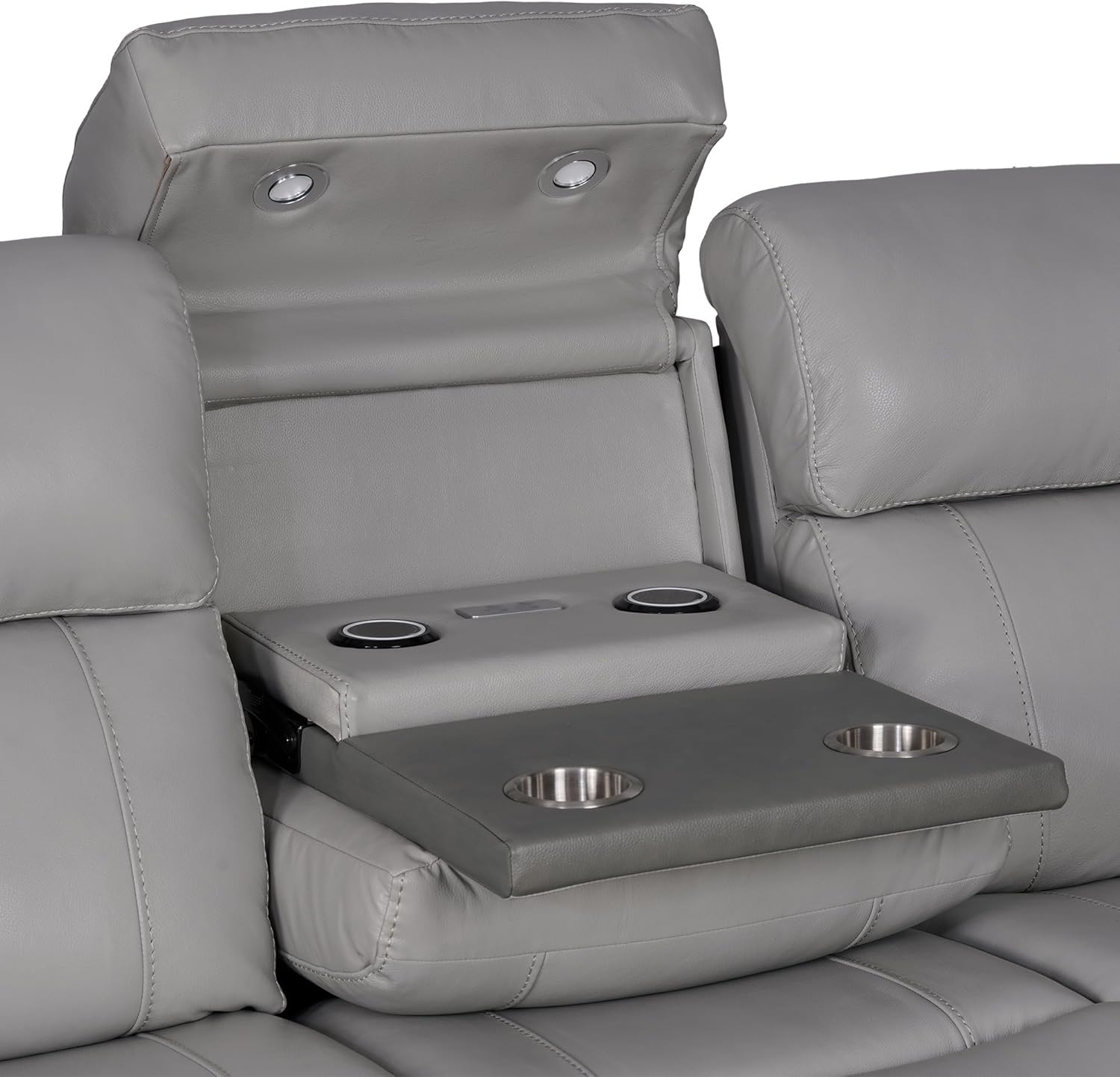 Armen Living Rosalyn Modern Zero Gravity Power Reclining Sofa with Dropdown Console, 87" Wide, Silver and Gray Top Grain Leather
