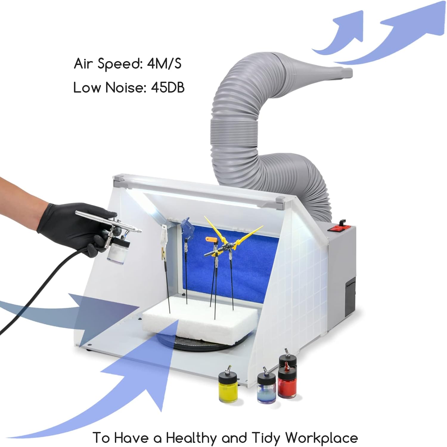 MEEDEN Airbrush Spray Booth: Air Brush Paint Booth Set with 3 LED Lights & Turn Table - Airbrush Booth Kit with Air Filter & Exhaust Hose for Model Painting
