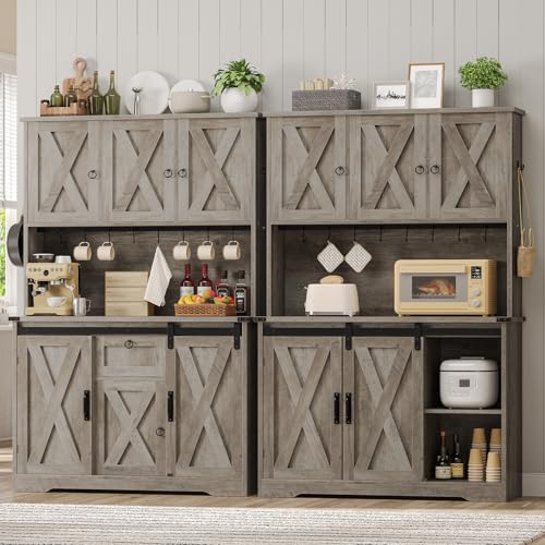 Kitchen Pantry Cabinet, Farmhouse Kitchen Cabinet with Drawer, Sliding Barn Doors Storage Cabinets with Adjustable Shelves for Dining Room, White