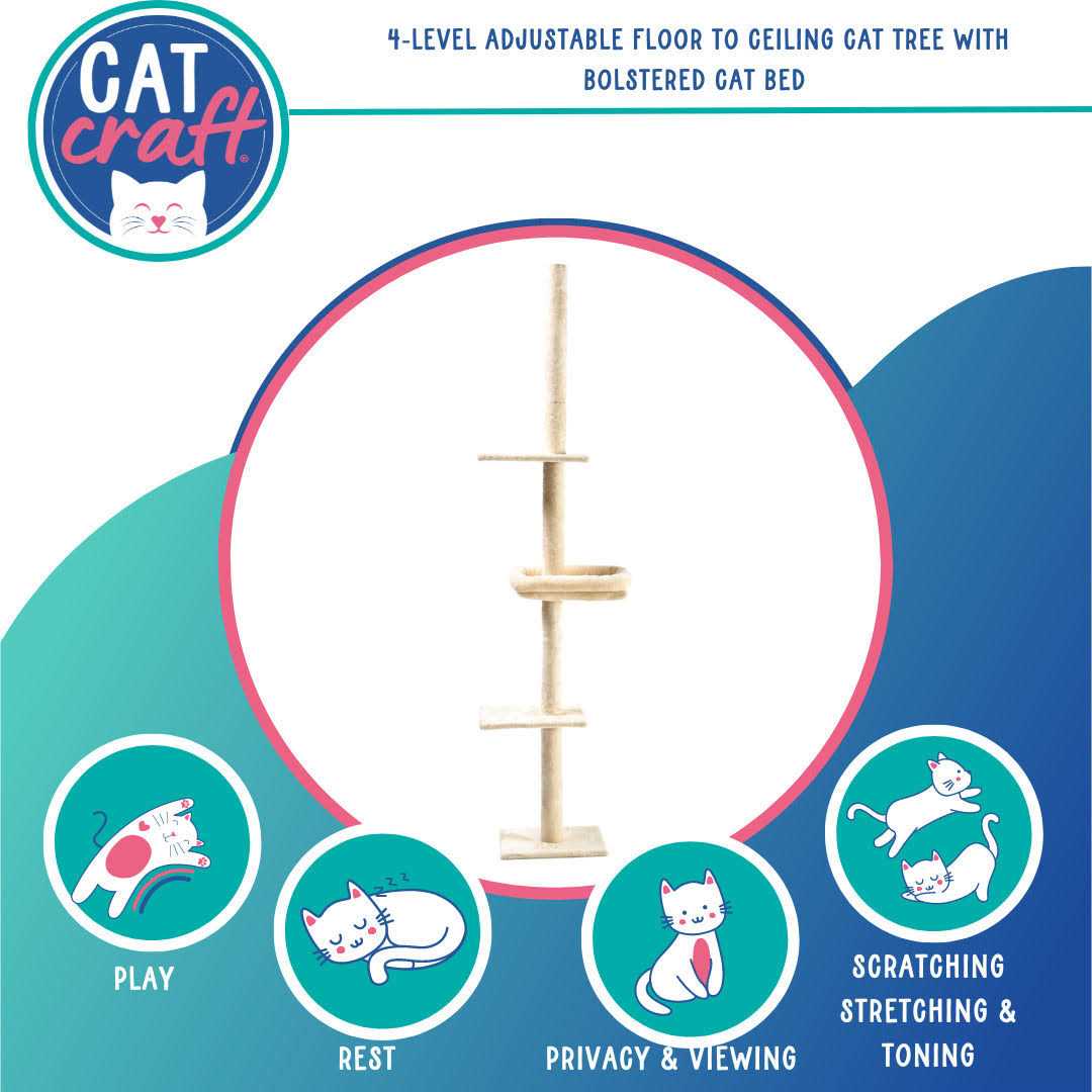 Cat Craft 4-Level carpeted Adjustable Floor to Ceiling climbing &amp; perch Cat Tree with bolstered Cat Bed - Pet Supplies online store