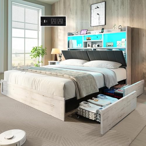 Full Farmhouse Bed Frame with Bookcase Headboard and 4 Drawers, LED Storage Bed with Charging Station & Linen Upholstered, No Box Spring Needed, Black