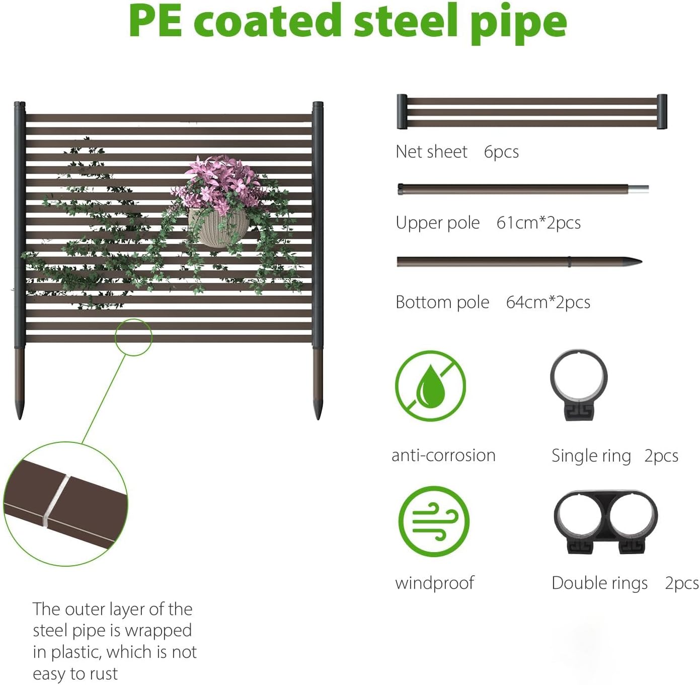 Courtyard Privacy Screen - Length: 43 inches, Height: 47 inches Metal terrace screen, PE coated steel pipe, suitable for outdoor trash cans, air conditioning, swimming pool equipment fences (2 panels)