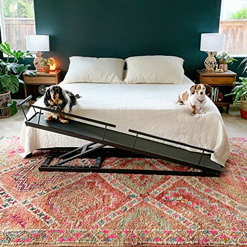 Dog Ramp for Beds - Solid Hardwood with 5 Finish Options - Adjustable up to 37" High Beds with Low Incline, Safety Rails & Anti-Slip Grip, For Small Dogs up to 50lbs - Made in North America