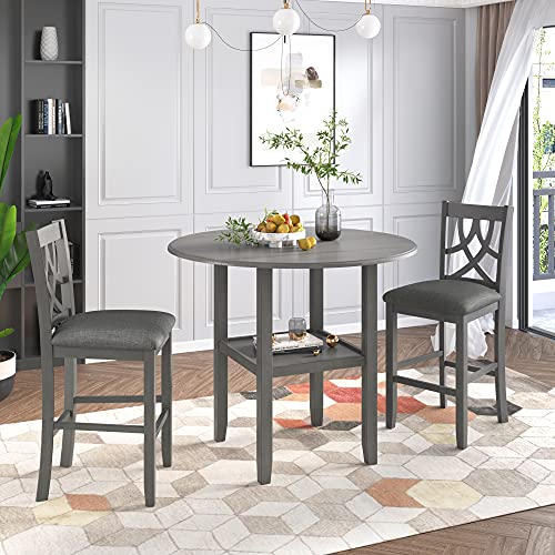 Farmhouse 3 Piece Dining Table and Chairs Set Round Drop Leaf Counter Height Small Space Bistro Bar Kitchen Dining Room Table Set with Storage Shelf 2 Badded backrest Chairs Furniture Set