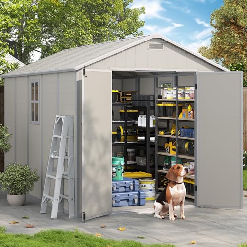 Outdoor Storage Shed, 6x6 FT Resin Shed with Floor and Lockable Door, Window, Vents, Tool Sheds and Outdoor Storage for Bike, Garden Accessories, Tools, Waterproof (Grey & White)