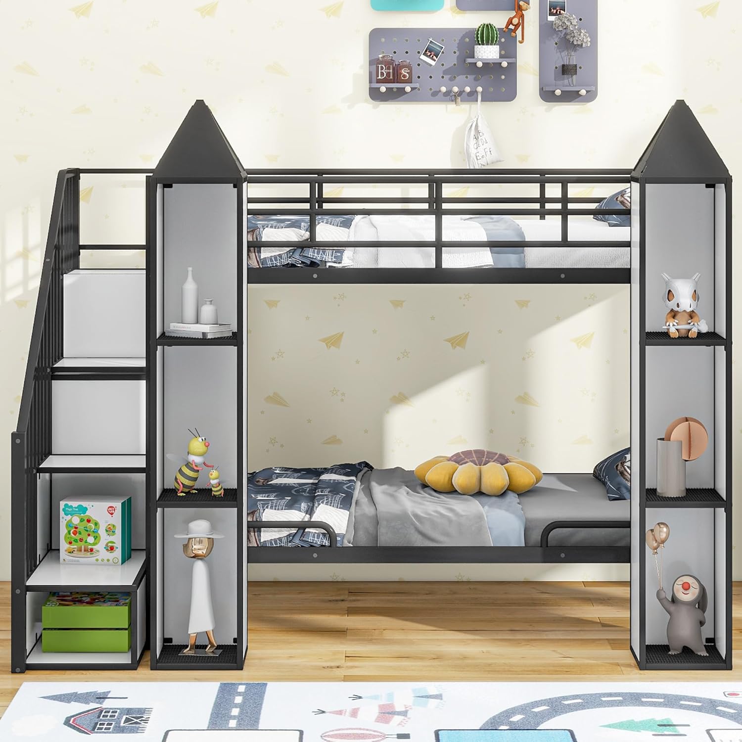 Twin Over Twin Castle Bunk Bed with Stairs, Wardrobe and Multiple Storage, Metal Bunkbeds with Staircase and Shelves, for Kids Teens Bedroom, Black+White