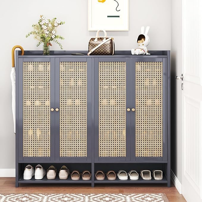 8 Tier Bamboo Shoe Cabinet Storage for Entryway, 40 Pairs Shoe Rack for Closet, Rattan Storage Cabinet with Doors for Hallway Living Room, Grey