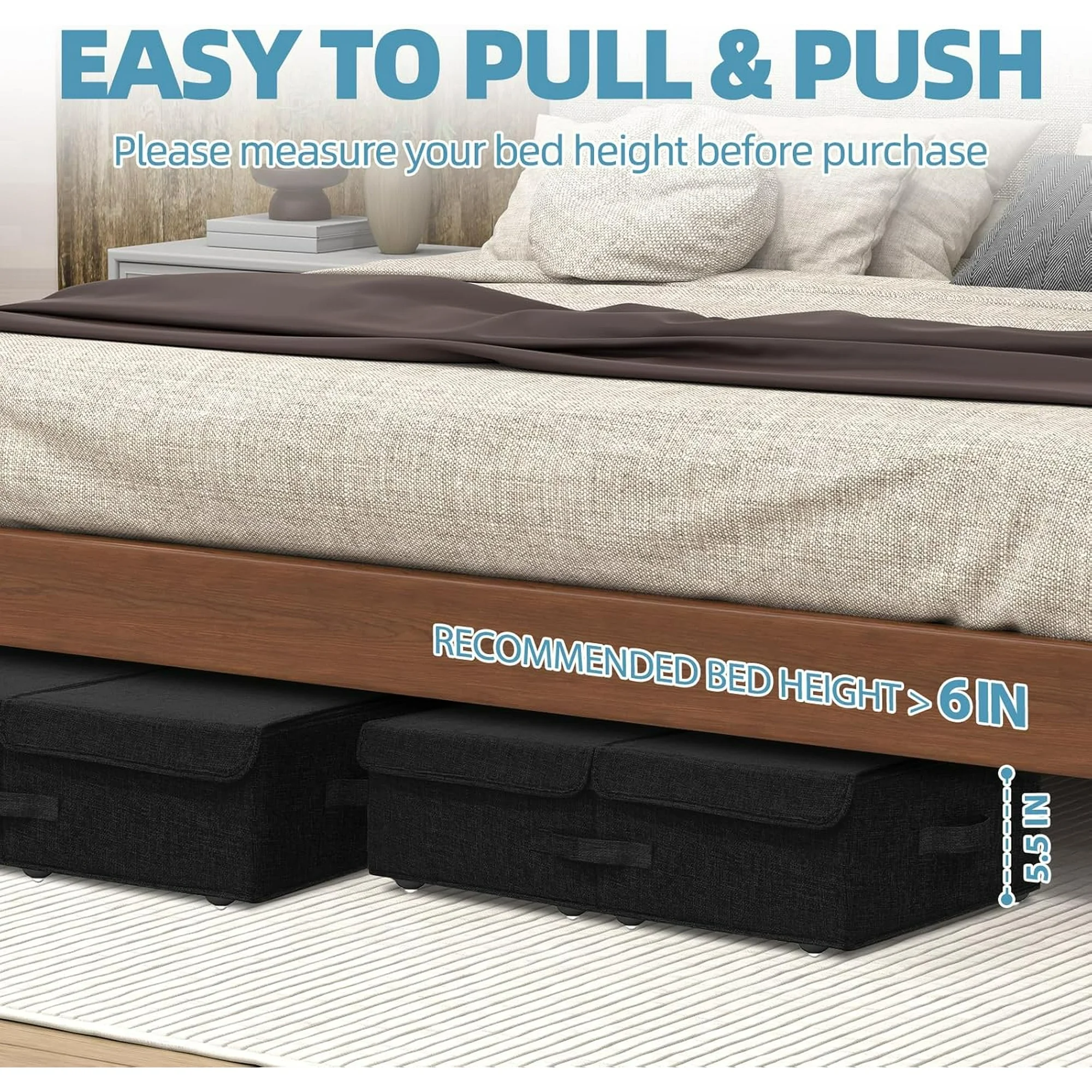 Under Bed Storage Container with Wheels, 2 Pack 5.5 High Deep Underbed Rolling Box Storage Bins Drawers with Lids for Bedroom, Dorms, Clothes, Shoes, Blankets, No Assemble Required, Black