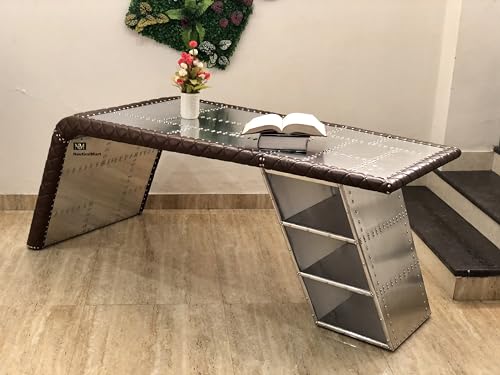 NauticalMart Aviator Wing Desk with Storage Aluminum and Leather Office Desk Silver and Brown (64 Inches)