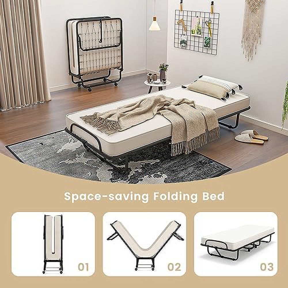 NLIBOOMLife Rollaway Folding Bed with 4 Inch Mattress for Adults  Foldable Portable Guest Bed with Memory Foam Mattress &amp; Sturdy Metal Frame  Cot Size Fold up Bed on Wheels  Easy to S