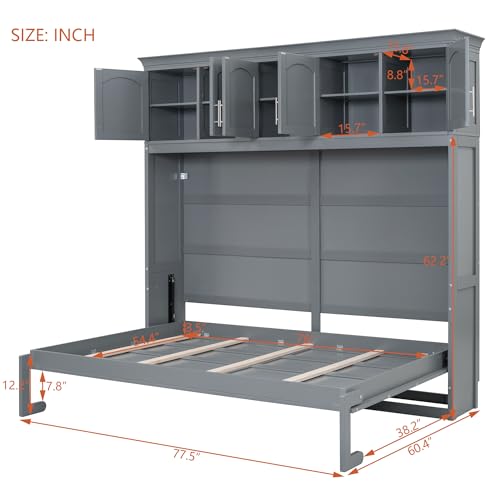 Full Size Murphy Bed with Top Cabinets and New Pneumatic Lift, Wall Chest Bed Space-Saving Design Cube Cabinet Wood Beds Frame Slat, Flexible Conversion Chest for Guest Room Home Office