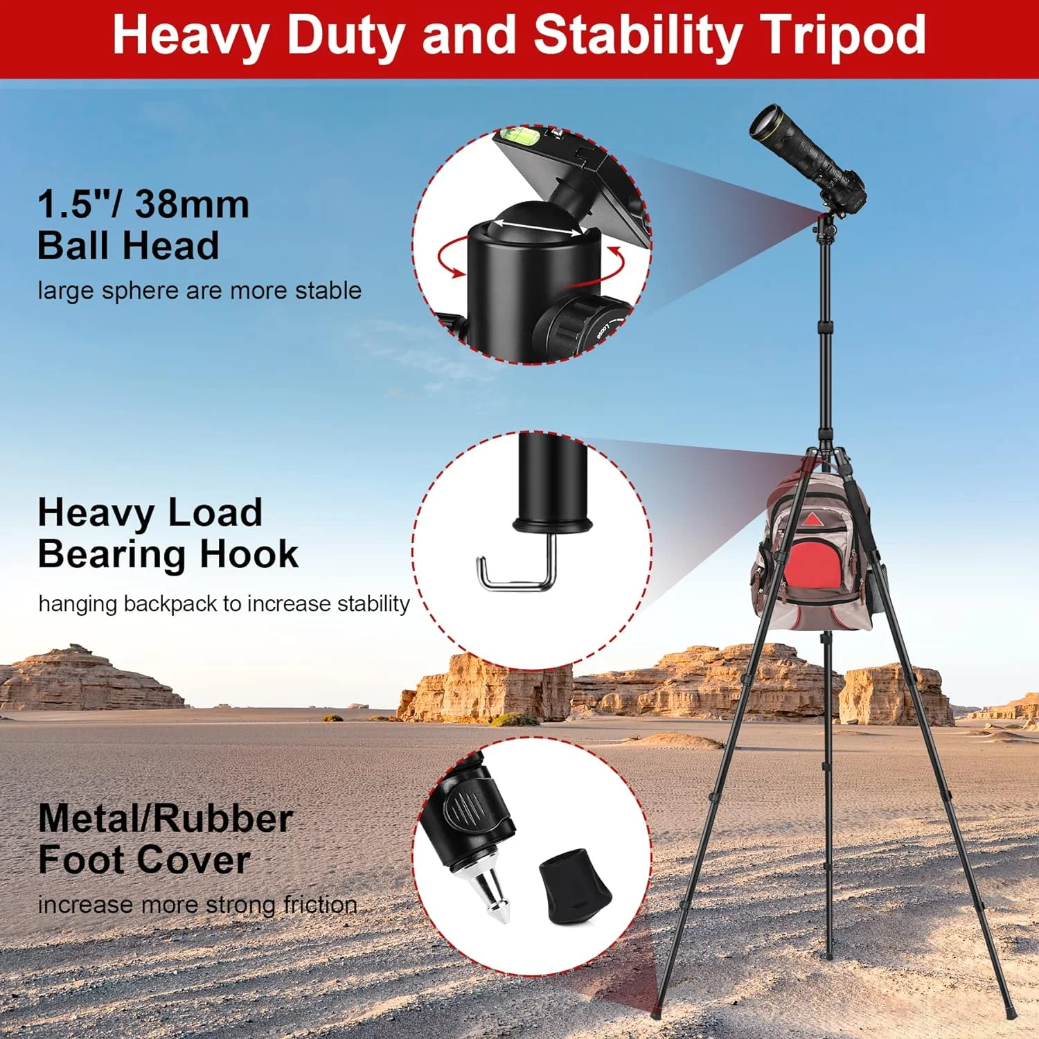 Tripod for Camera, 81" Camera Tripod Stand, 83 inches DSLR Tripods & Monopods, Heavy Duty Travel Tripod for Binoculars Laser Level Spotting Scope Telescope, Professional Complete Tripod Units Black