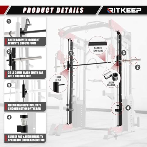 Smith Machine,RitKeep PMAX 5600 Pro,All-in-One Home Gym Equipment Featuring 2200lb Load Capacity and 320lb Weight Stack,Includes T-Bar Row,LAT Pulldown Bar,and More Attachment,for Home Gym Use