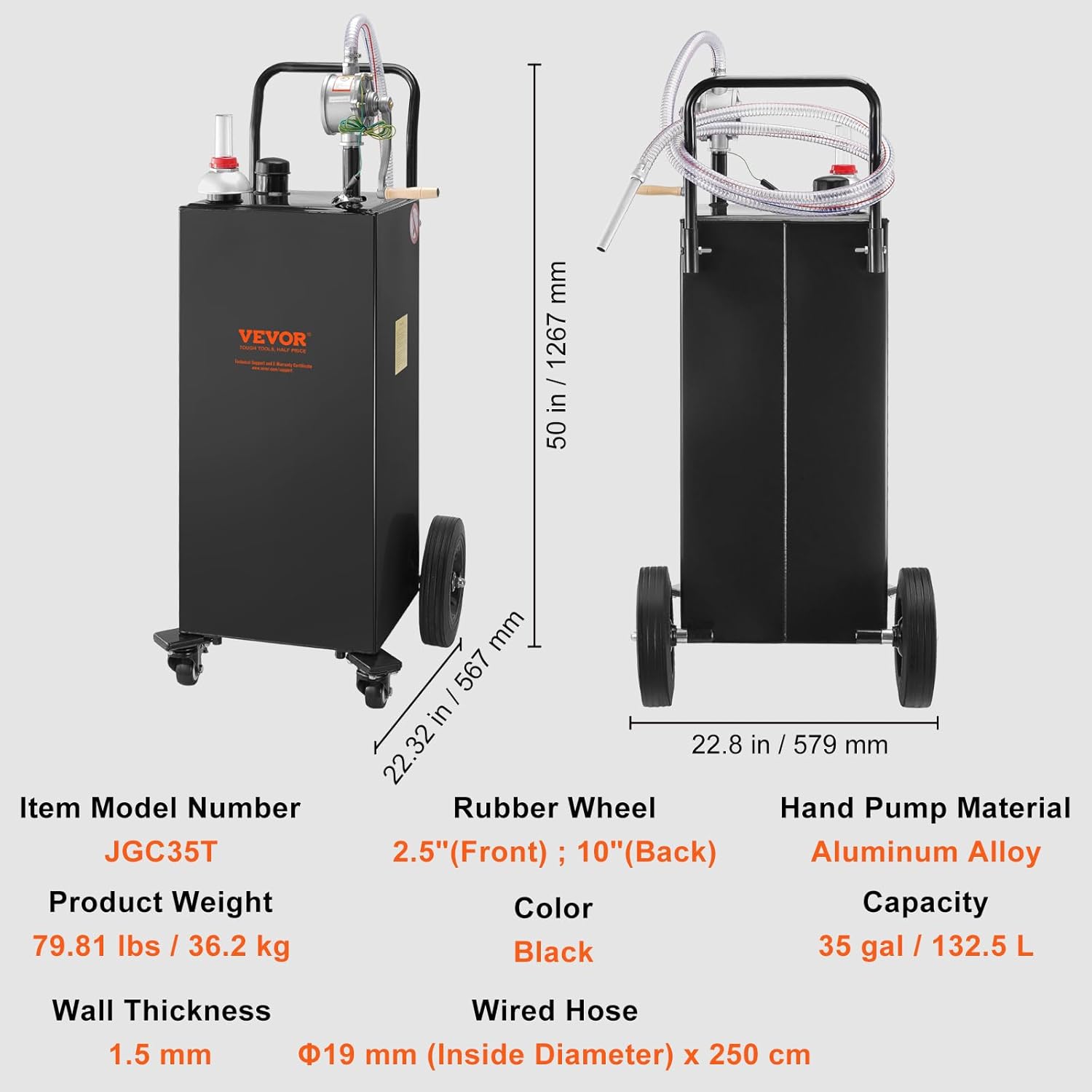 VEVOR Fuel Caddy, 35 Gallon, Gas Storage Tank on 4 Wheels, with Manual Transfer Pump, Gasoline Diesel Fuel Container for Cars, Lawn Mowers, ATVs, Boats, More, Black